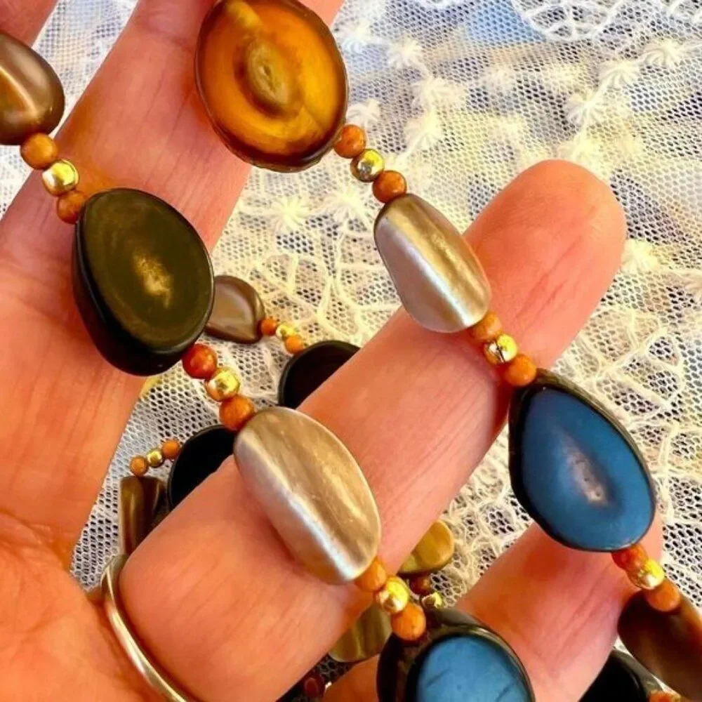 Vintage 70's Natural Horn, Coral & Abalone Shell Necklace 25”